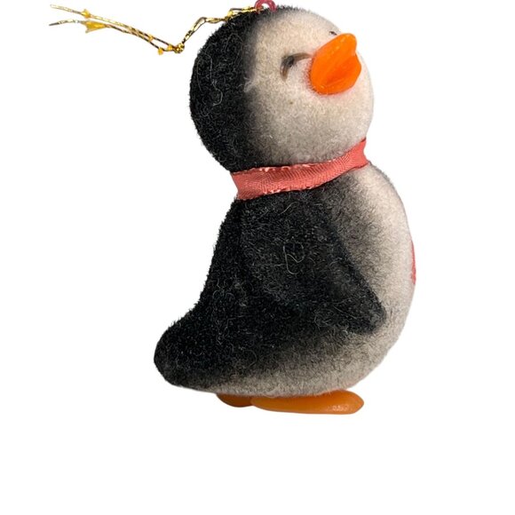 Vtg Flocked Fuzzy Penguin Ornament Scarf 3.5 in Orange Plastic Feet Beak - Picture 3 of 7